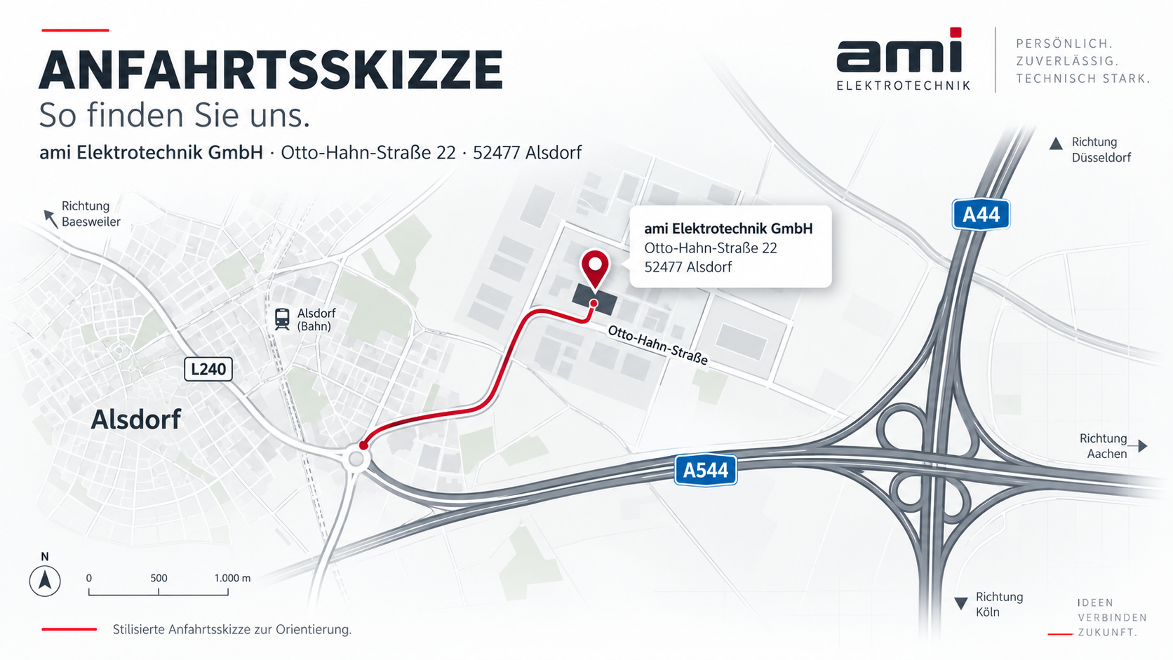 Stilisierte Anfahrtsskizze zur ami Elektrotechnik GmbH in der Otto-Hahn-Straße 22 in 52477 Alsdorf.